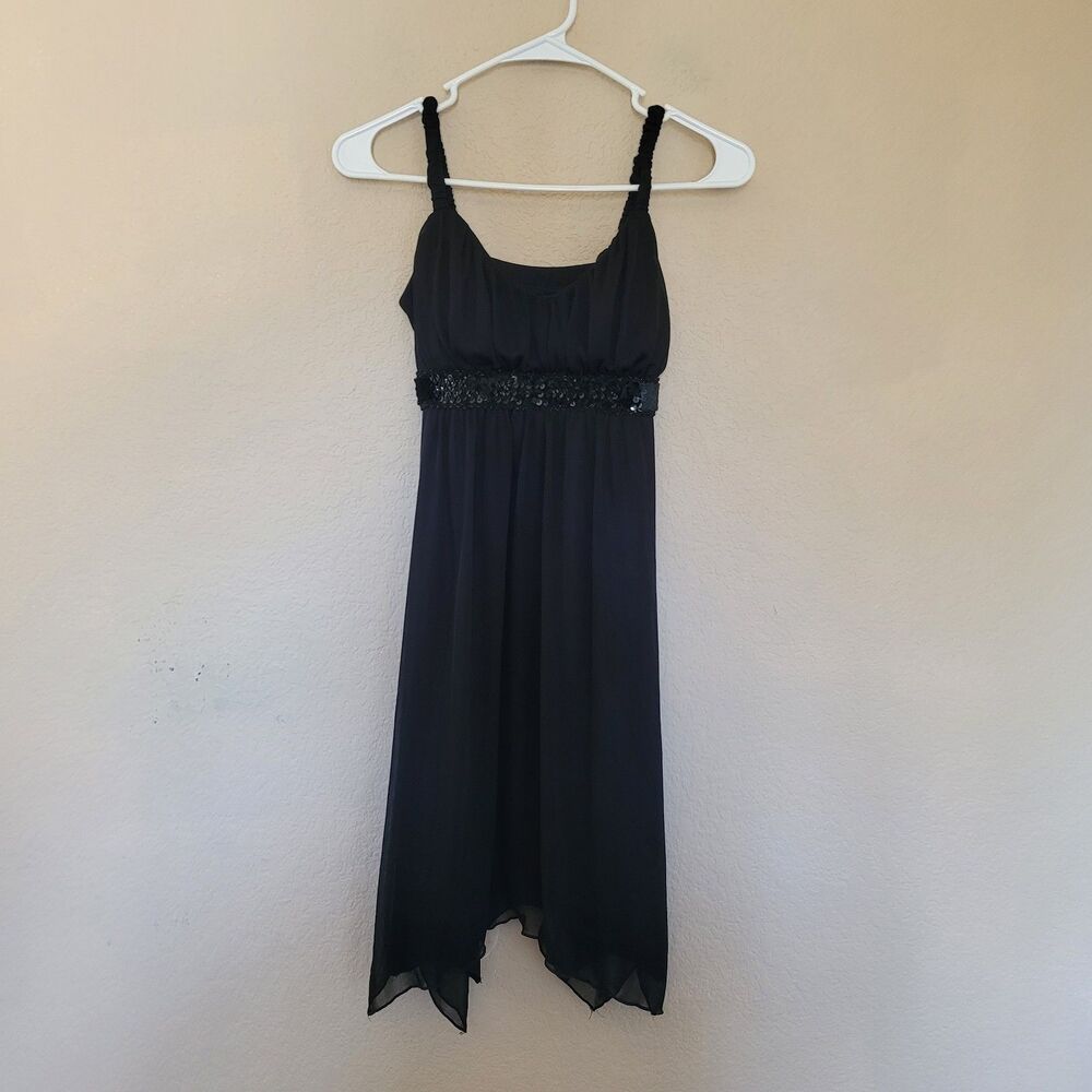 Vtg 90s Y2K Black Ruched Mini Dres Sz 6 petite Babydoll Sequin Whimsigoth Fairy